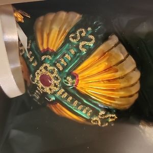 Beautiful blown glass ornament with cross and jewel green gold red sparkly vinta